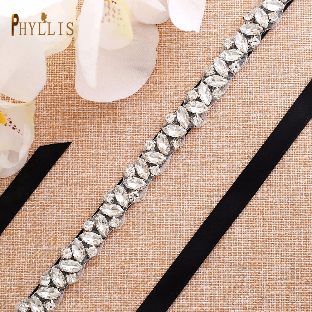 S06 Silver Rhinestone Wedding Sash Thin Bridal Belts Bling Tie Belts for Women Evening Gown Maternity Belt for Dress Waist Belts