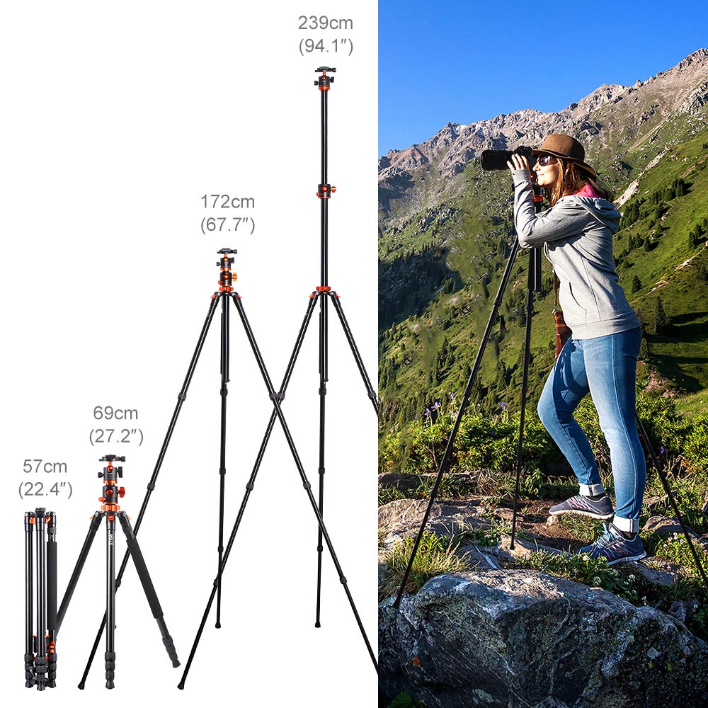 K&F Concept SA254T1 93 Inch  Camera Tripod 4 Section Aluminium Detachable Tripod with 360 Degree Ball Head Quick Release Plate