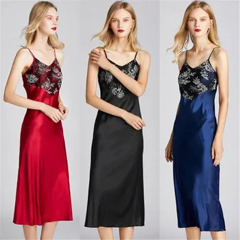 

Summer Sexy Women's Ice Silk Homedress Sleep Wear Halter Strap Nightdress Lembroidery Lace V-neck Sexy Women Pijamas Dress Black