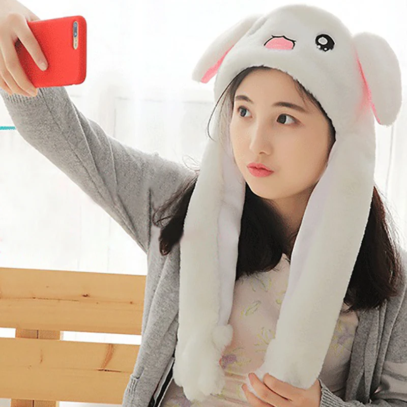 Women Cute Cartoon Hats Rabbit Shape Soft Moving Cotton Casual Ladies Autumn Ear Rabbit Hats