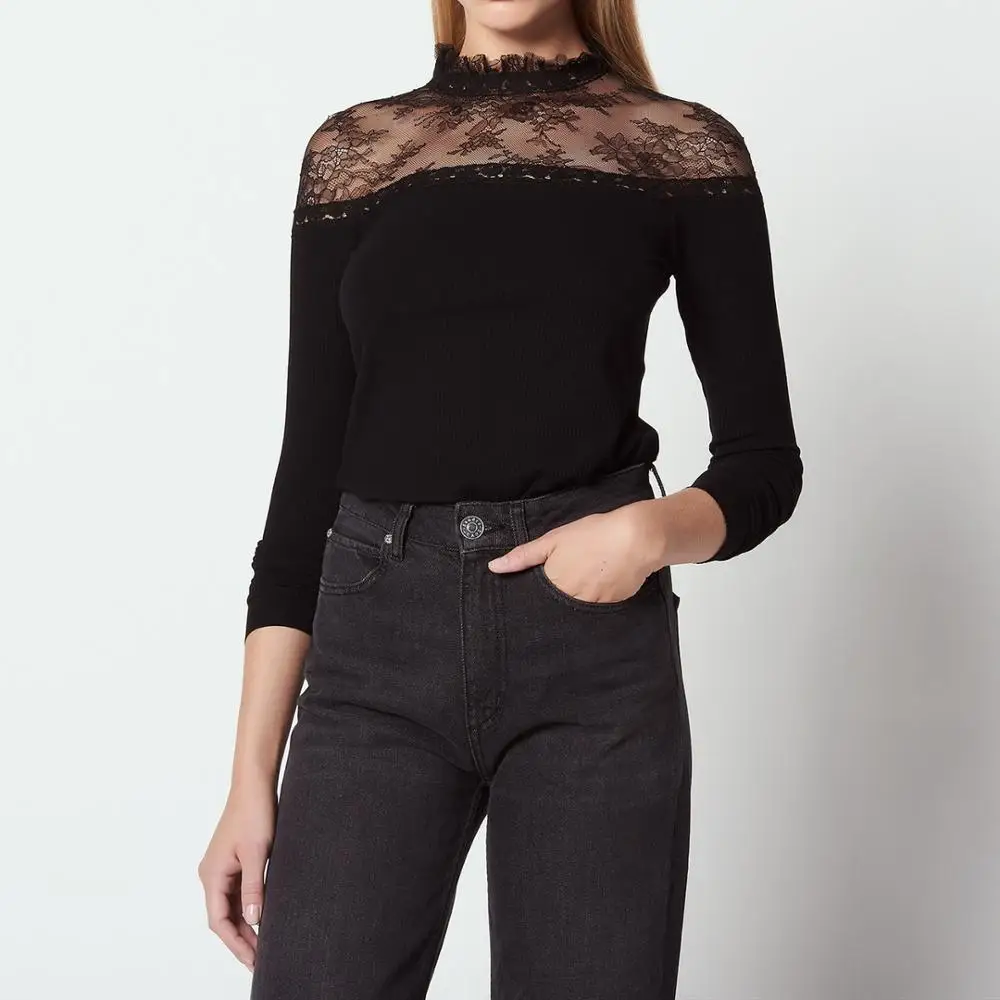 

Black Women's knitwear Sweet lace patchwork knitted sweater shirt long sleeve bottoming top
