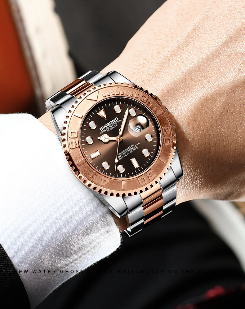 BINBOND Top Brand Luxury Fashion Men Watches Luminous Calendar Waterproof Stainless Steel Watch Quartz Business Wristwatch