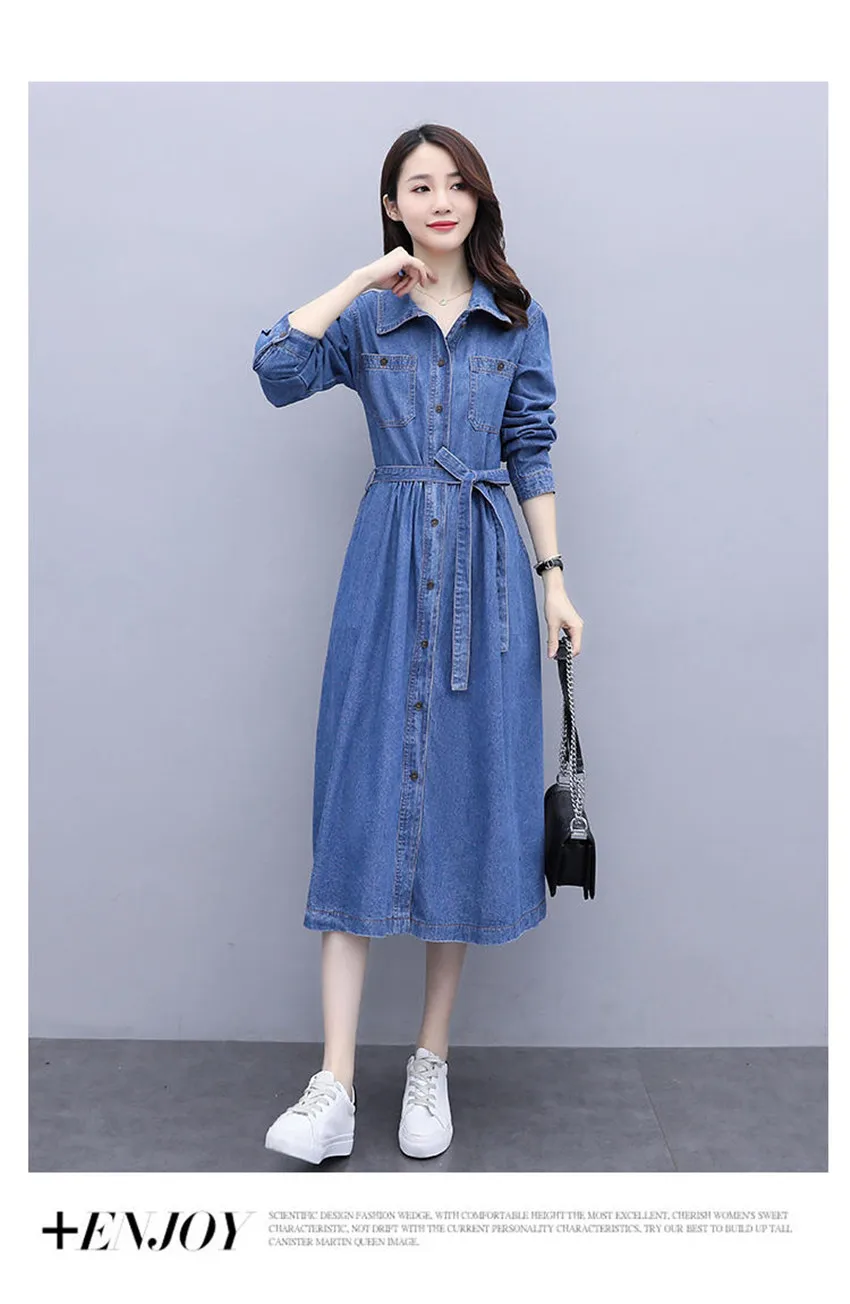 אביב סתיו ארוך שרוול מזדמן ג 'ינס שמלת נשים כיסי כפתור בתוספת גודל ג' ינס שמלה גבוהה רחוב אופנה ארוך שמלות Robe
