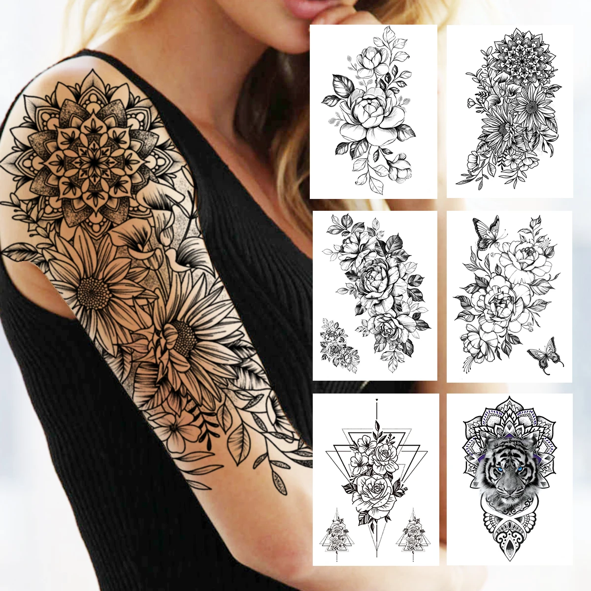 Tatouage Marguerite Noir Et Blanc Tatouage Temporaire Henné Marguerite Fleur, Autocollant De Pivoine Rose  Géométrique, Faux Tigre Papillon Noir En Papier - Tatouages Éphémères -  AliExpress