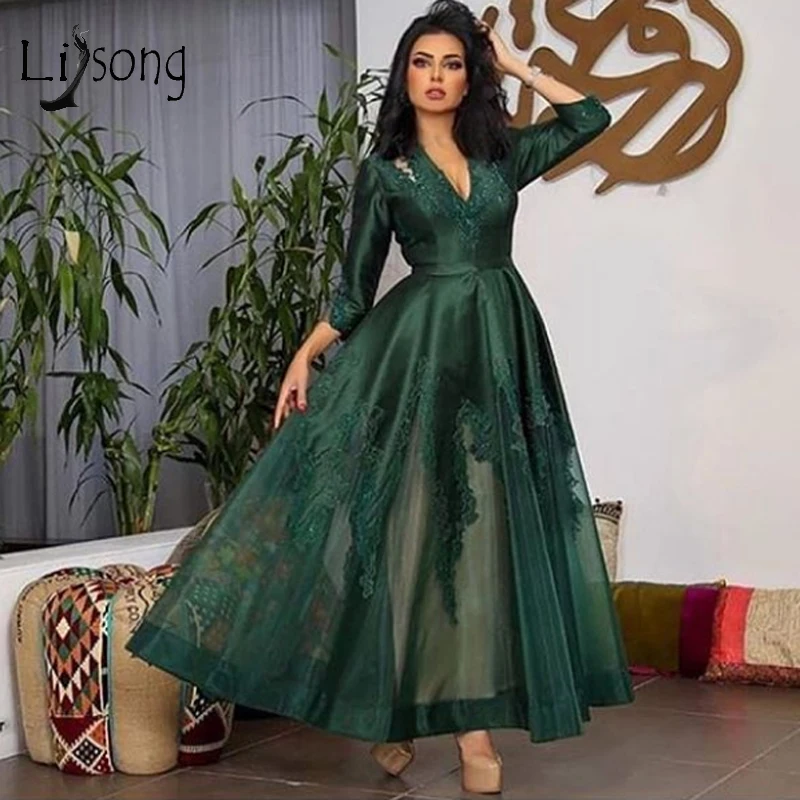 

2019 Arabic Emerald Green Lace Evening Dresses Full Sleeves Appliques Ankle Length Elegant Prom Gowns Party Dress