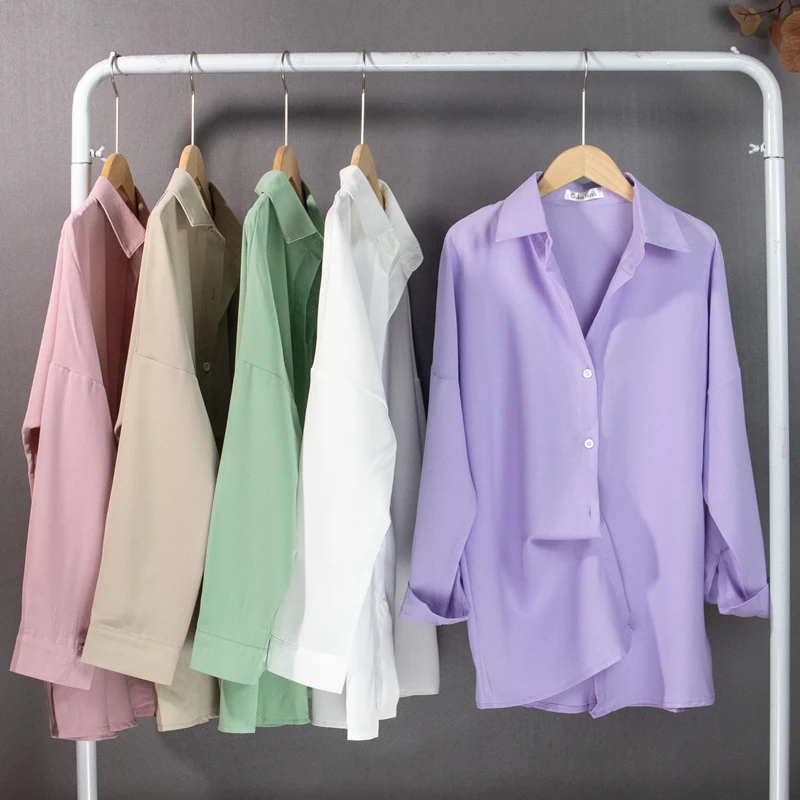Colorfaith New 2021 Spring Women's Blouse Solid Multi Colors Lapel Single-breasted Elegant Casual Oversize Wild Pink Tops BL1383