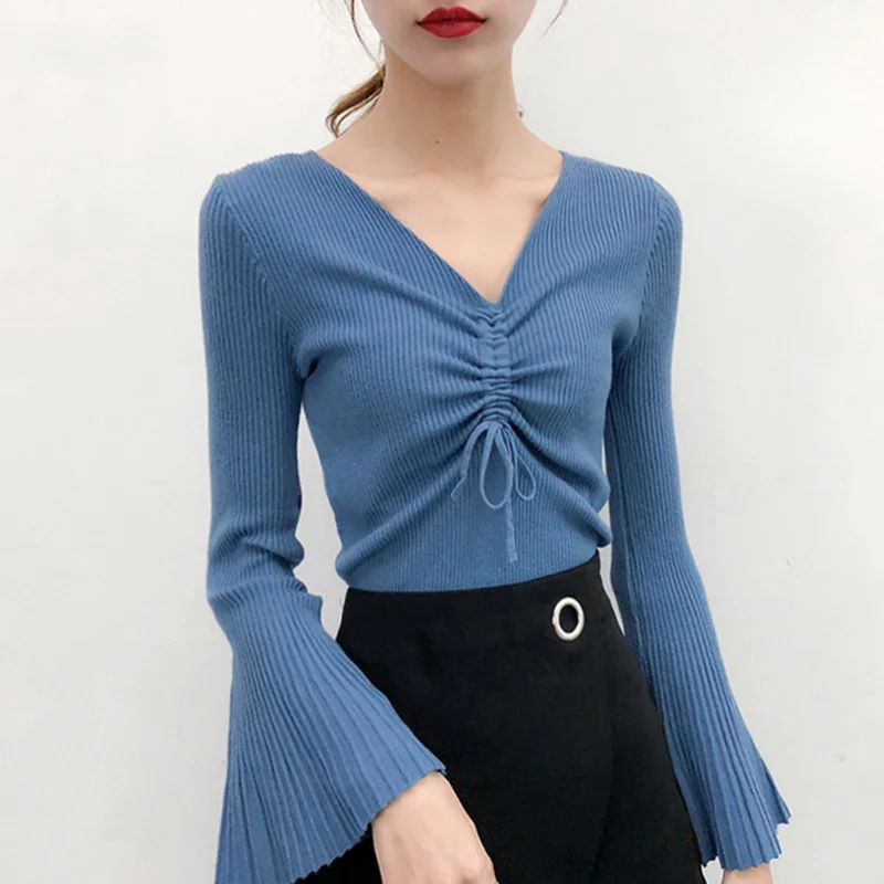 

2019 basic v-neck solid autumn winter Sweater Pullover Women Female Knitted sweater slim long sleeve Bell sleeve badycon sweater