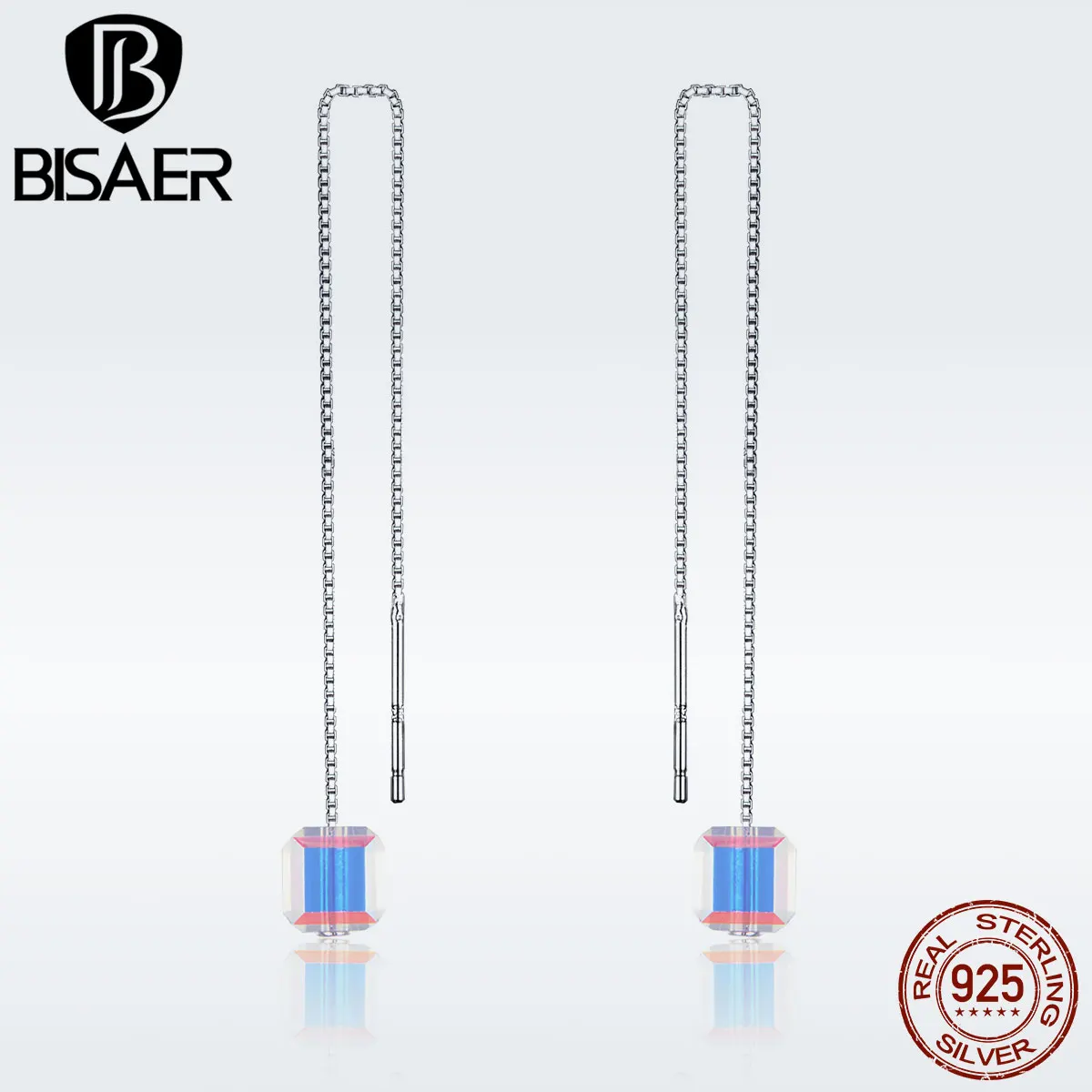 BISAER, серьги для женщин, 925 пробы, серебро, Аврора, кристалл, кубик, висячие серьги, массивное ювелирное изделие, женские подарки, GXE501