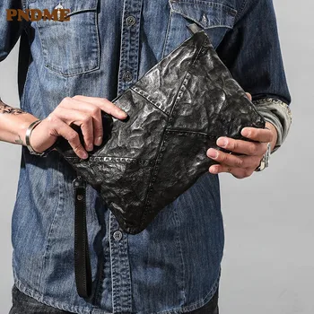

PNDME fashion genuine leather stitching men's clutch bag retro designer natural real cowhide large capacity women's envelope bag