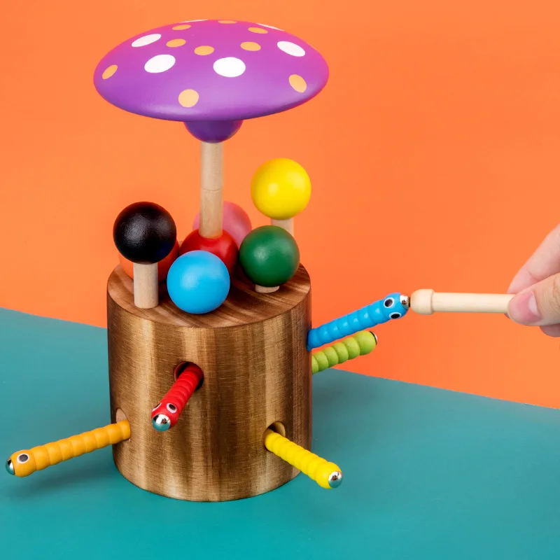

3D Puzzle Baby Wooden Toys Early Childhood Educational Toys Catch Worm Game Color Cognitive Mushroom Grasping Ability funny
