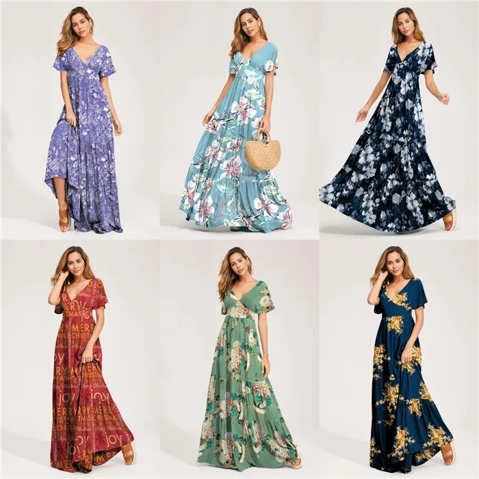 

V Neck Womens Summer Maxi Dresses Short Floral Print Beach Holidday Designer Sexy Style Female Clothing