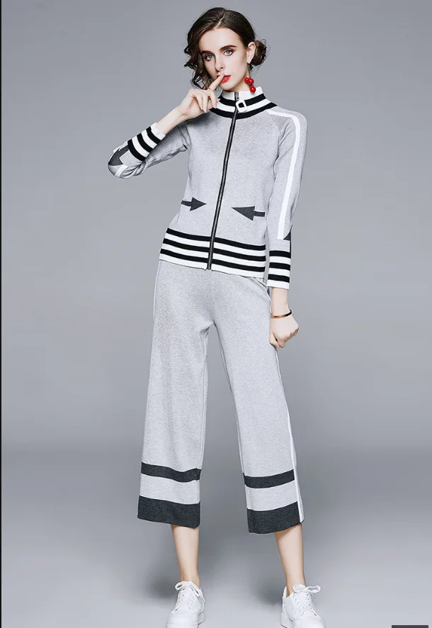 

Runway 2020 Autumn Elegant Hit Color Knitted Two Piece Set Women Zipper Cardigan Tops + Wide Leg Pant Set Casual Clothing Set