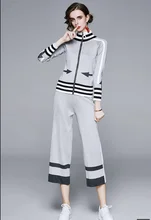 Pasarela Conjunto de dos piezas de punto para mujer, cárdigan con cremallera, Tops y pantalones de pierna ancha, informal, elegante, Otoño, 2020