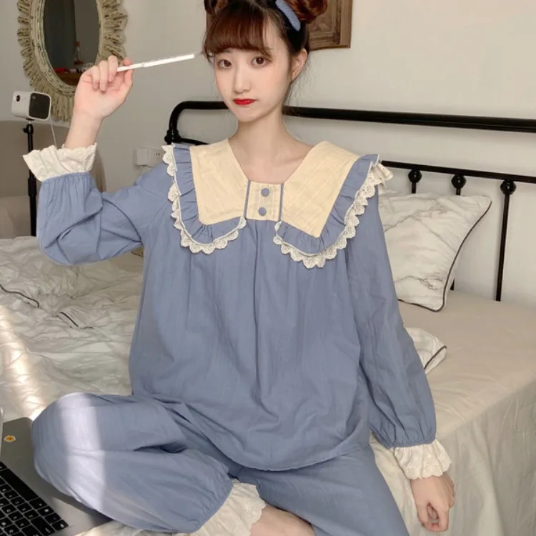 

Women's pajamas solid color sweet and loose lace doll collar pajamas + pants two-piece comfortable and warm Homewear JJF0038