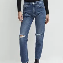 Женские брюки классические Асимметричные скрученные колено отверстие состаренные джинсы двухцветные пятна