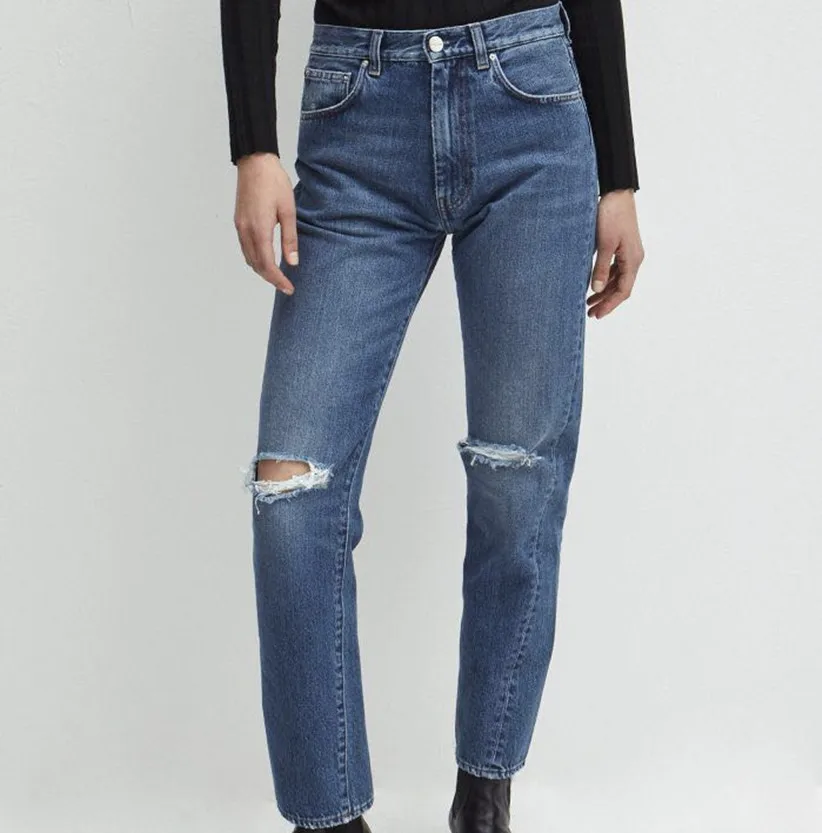 Женские Классические Асимметричные рваные джинсы потертые двухцветные брюки в