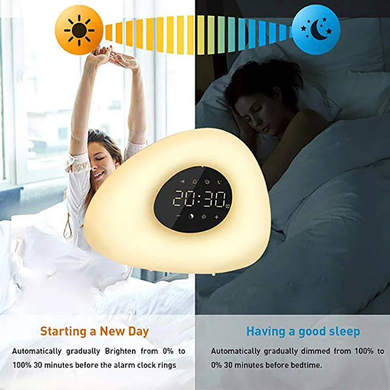 Alarm Clock Wake up Light Sunrise Sunset Simulation with 10 Nature Sounds 7 Colors Light Touch Control RGB Dimmable Night Lamp