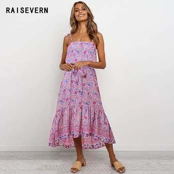 

Women New Boho Dress Floral Printed Maxi Dress Vestidos Sexy Backless V Neck Spaghetti Strap Summer Beach Long Bohemian Dress
