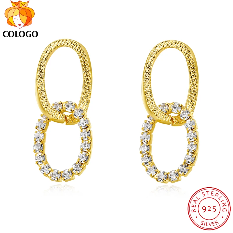 

COLOGO New 100% Real 925 Sterling Silver Sparkling Zircon Stud overlapping pendant Earring For Women Jewelry Wedding Gift M699