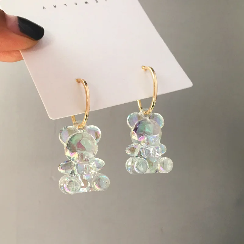 

New Cartoon Cute Transparent Acrylic Bear Pendant Geometric Circle Hoop Earrings For Women Girls Party Jewelry Accessories
