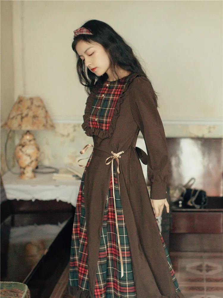 Skup 2019 nowych moda odzież damska jesień i zima w stylu vintage plaid sukienka z długim rękawem sukienka na imprezę ubrania sukienki