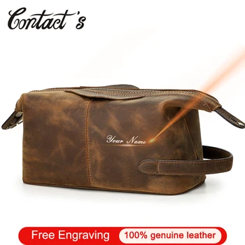 

Contact's Crazy Horse Leather Cosmetic Bag for Men Makeup Case Vintage Travel Wash Pouch Large Capacity Toiletry Bags Storage