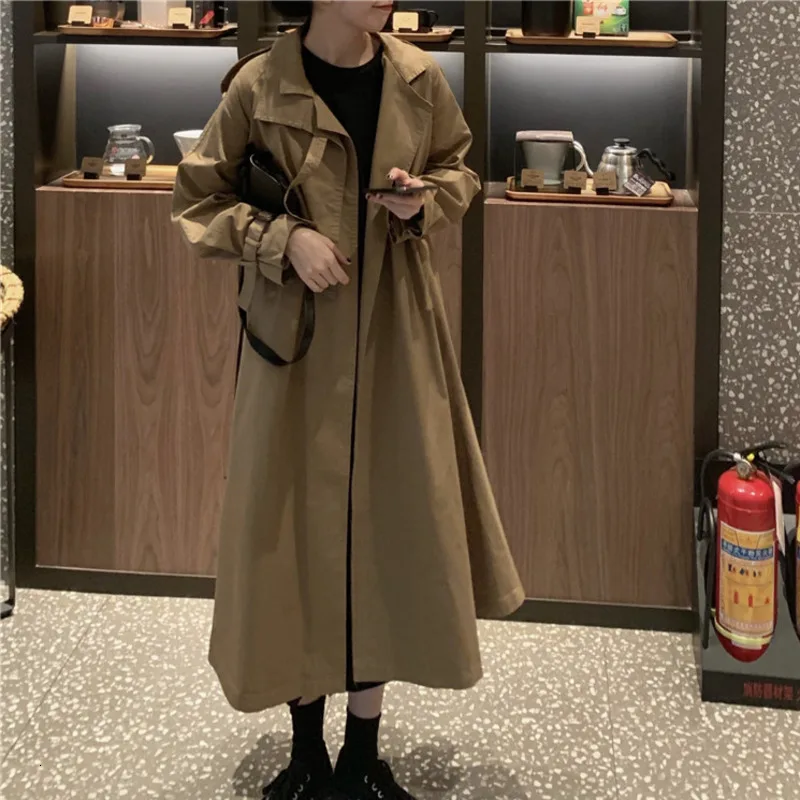 khaki SHENGPALAE, новинка, модное осеннее пальто для женщин, однотонное, свободное, повседневное, уличное, длинное, Корея, ветровка для женщин A474 - Цвет: khaki