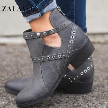 

ZALAVOR New Autumn Winter Ankle Boots For Women Zipper Rivets Leisure Shoes Solid Color Round Toe Women Footwear Size 35-43