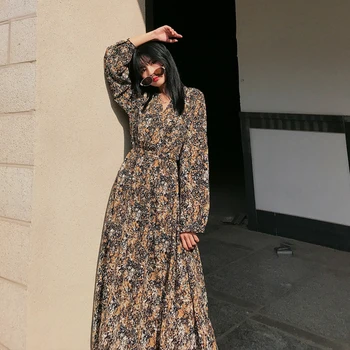 

2020 Women Spring Autumn New Style Slim Floral Print Chiffon Dress Elegant Temperament Retro V Neck Midi Dress Fashion Tide