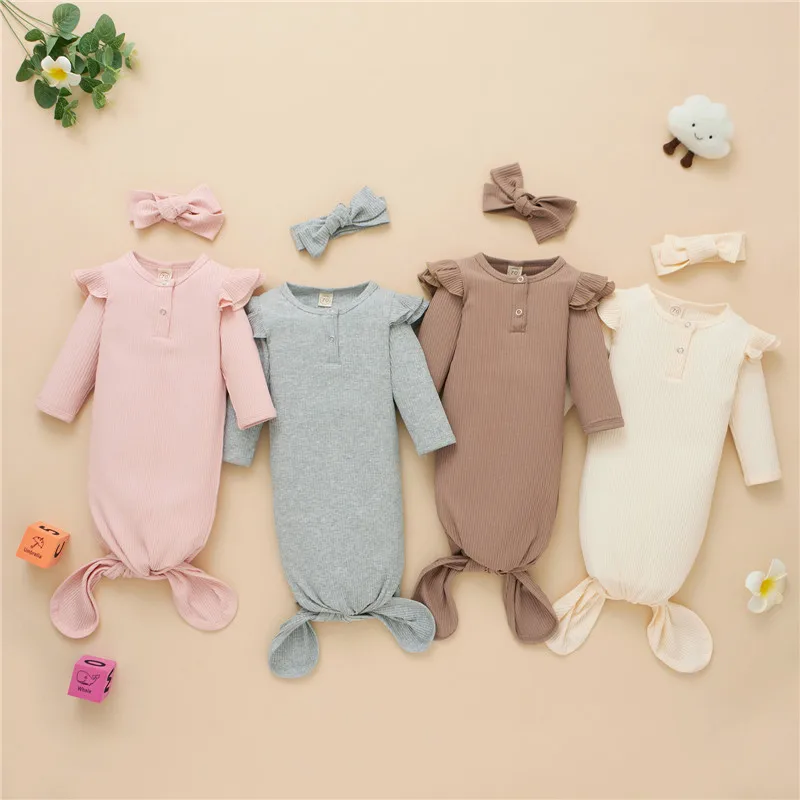 

Baby Sleeping Bags With Headband Set Casual Sweet Solid Color Fly Long Sleeve Full Wrapped Sleeping Bag For Newborn Boys Girls