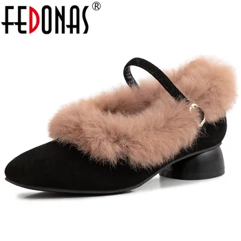 

FEDONAS Shallow Warm Women Antumn Winter Warm Elegant High Heels Party Shoes Woman Plus Size Buckle Strap Shoes Fur Strange Heel