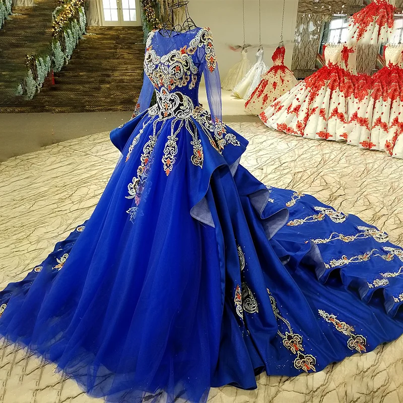 LS32990-1 royal blue evening dress long sleeve O-neck ball gown lace up back formal evening dress with train as photos 2018 3