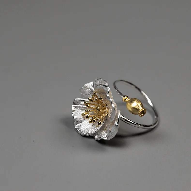 INATURE 925 пробы серебро Винтаж Большой цветок мака кольцо для женщин регулируемые обручальные кольца ювелирные изделия