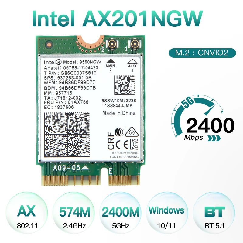 

Intel AX201 Wi-Fi6 M.2 Key E CNVIO2 Dual Band 2.4G/5Ghz Wireless Adapter Card 802.11ac/ax Bluetooth-compatible 5.0 For Windows10