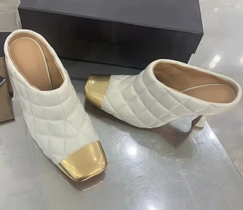 

2020 NEW Women White Leather Pumps Metal Square Toe Dress Mule Shoes Woman Rhombus High Heels Spring Slides Lady Prom Party Shoe