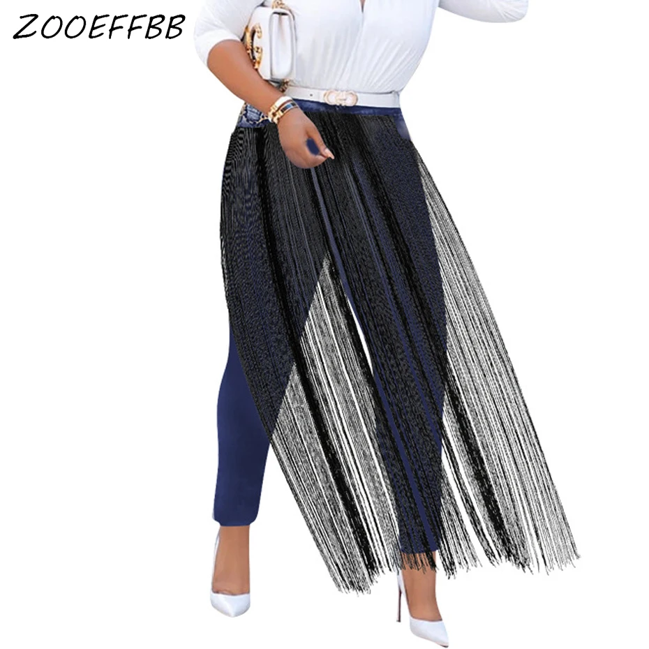 Zooefbb, винтажные джинсы с бахромой, высокая талия, для женщин, плюс размер, осенние джинсовые штаны, стрейчевые, обтягивающие брюки, элегантные, с кисточками, синие джинсы