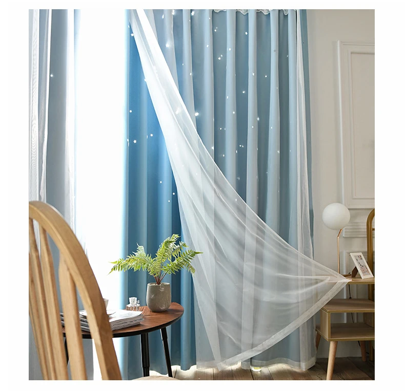 Fashion korean style pink hollow star kids curtains double layer black out window curtains for living room decorative