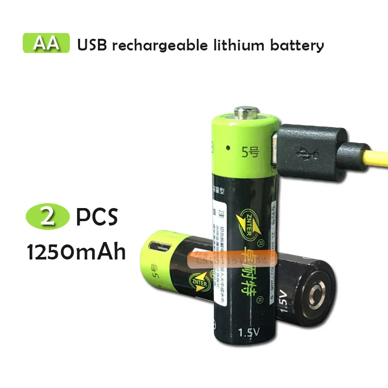 2 шт. перезаряжаемые литий-полимерные батарейки ZNTER 1 5 в AA 1250 мАч с USB-кабелем |