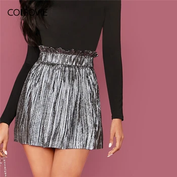 

COLROVIE Grey Paperbag Waist Pleated Metallic Skirt Women High Waist Mini Skirt 2020 Spring Glamorous Solid Ladies Skirts
