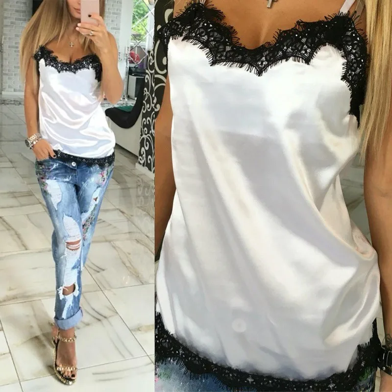 Camiseta Tirantes Mujer, сексуальные женские кофточки, женские летние кружевные лоскутные майки, топы без рукавов, топы