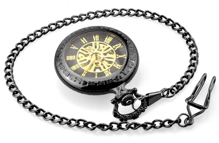 Luxury Fashion Steampunk Hand Winding Mechanical Pocket Watch Roman Numerals Skeleton Watches with FOB Chain for Men Women