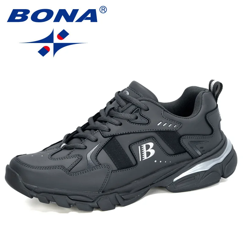 BONA/Новинка года; дизайнерские кожаные мужские кроссовки для бега; уличная Нескользящая износостойкая спортивная обувь; Мужская обувь для бега и ходьбы - Цвет: Dark grey S gray