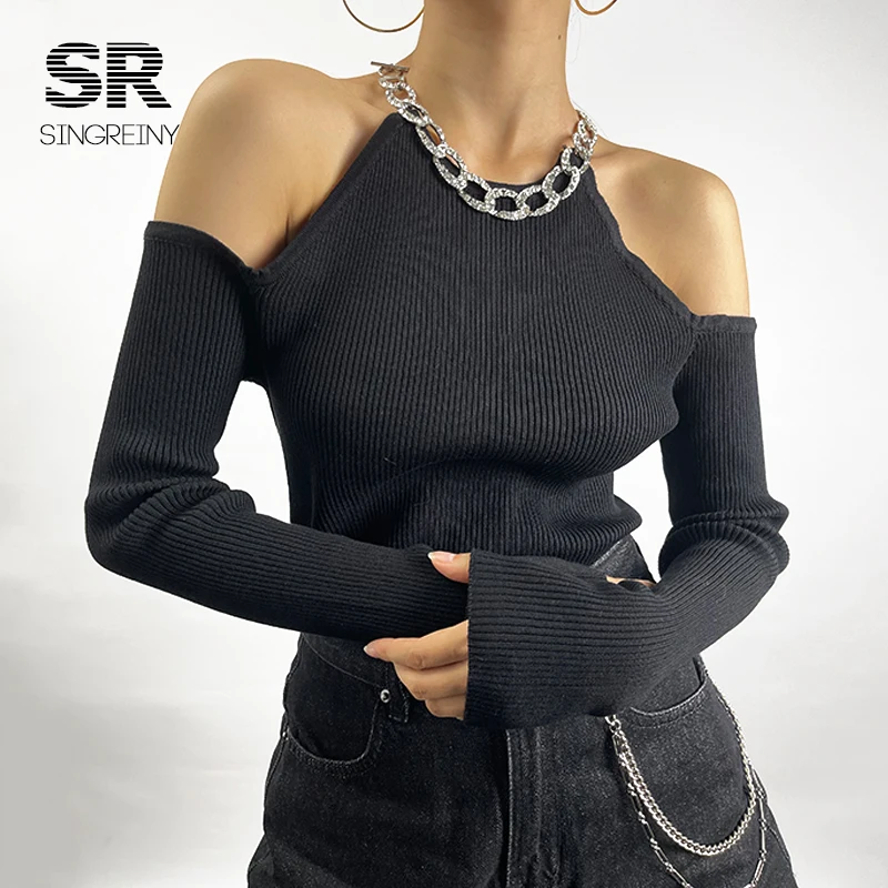 cardigan sweater SINGREINY 2021 Autumn knitted Sweater Women Long Sleeves Basic Knit Tops Off the Shoulder Sexy Pullovers Chain Diamond Sweaters red sweater