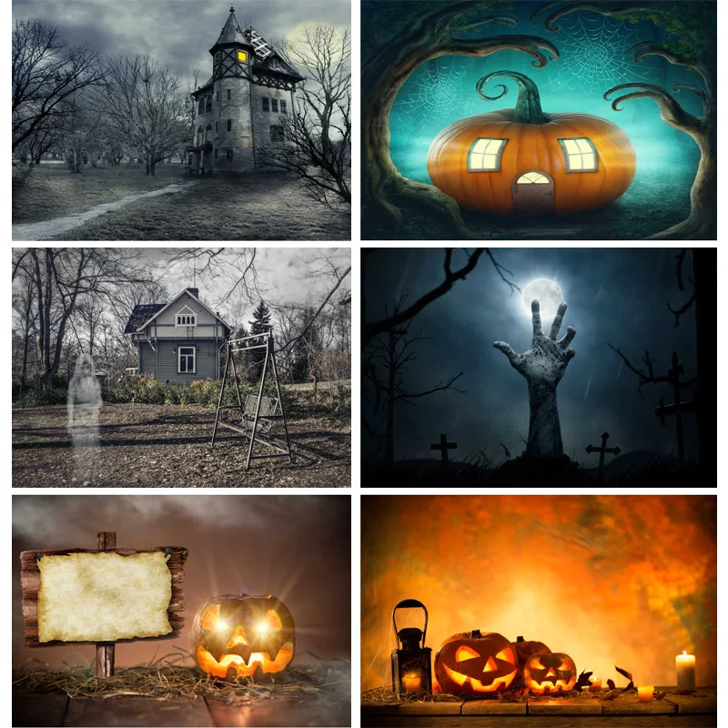 

Halloween Backdrop Pumpkin Lantern Forest Moon Tombstone Photo Background For Photography Studio Props 2189 XTXT-02