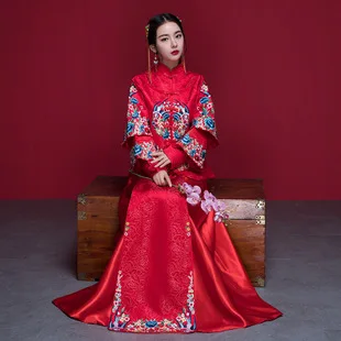 Chinese Traditional Wedding Dress Bride New Style Spring Summer Red Retro Chinese Style Marriage Slimming Dress for Toast