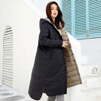

Ailegogo Winter Women Double Sided 90% White Duck Down Hooded Long Parkas Ultra Light Loose Fit Female Coats Warm Snow Outwear