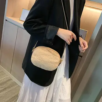 

Hot Sale Handbags Plush Messenger Bags Women Oval Chain Shoulder Crossbody Bag Solid Color Purse for Hiking and Travel
