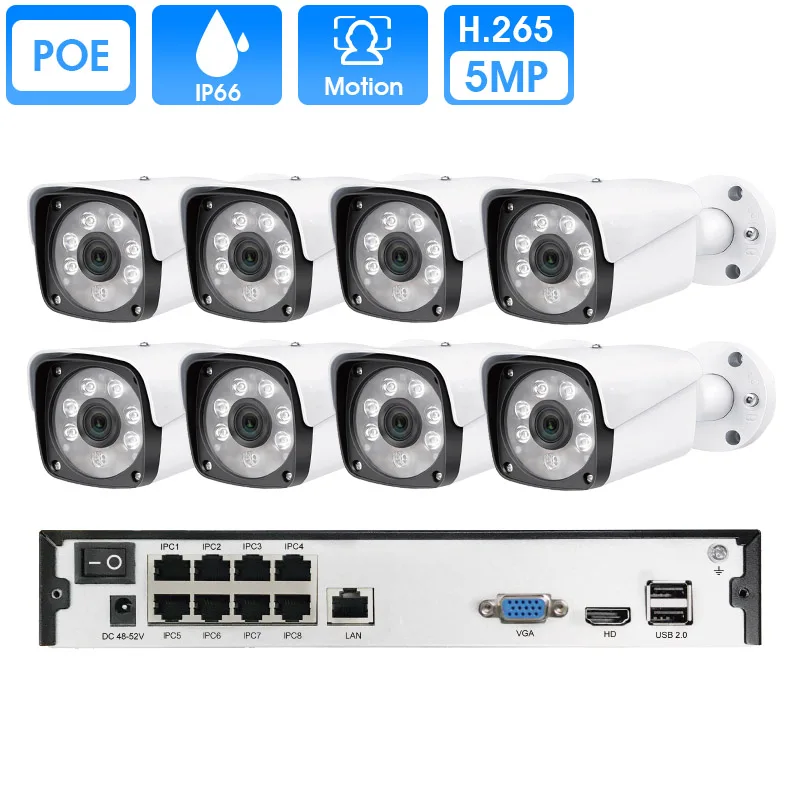 

8CH 5MP POE Kit H.265 System Intelligent CCTV Security Up to16ch NVR Outdoor Waterproof IP Camera Surveillance Alarm Video
