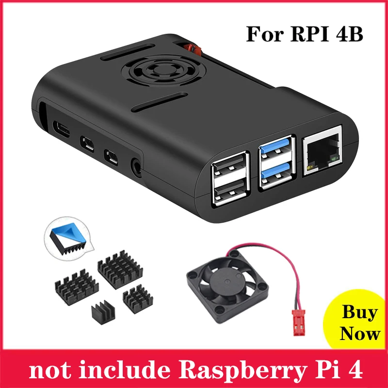 Чехол Raspberry Pi 4 ABS черный защитный корпус + вентилятор охлаждения алюминиевый
