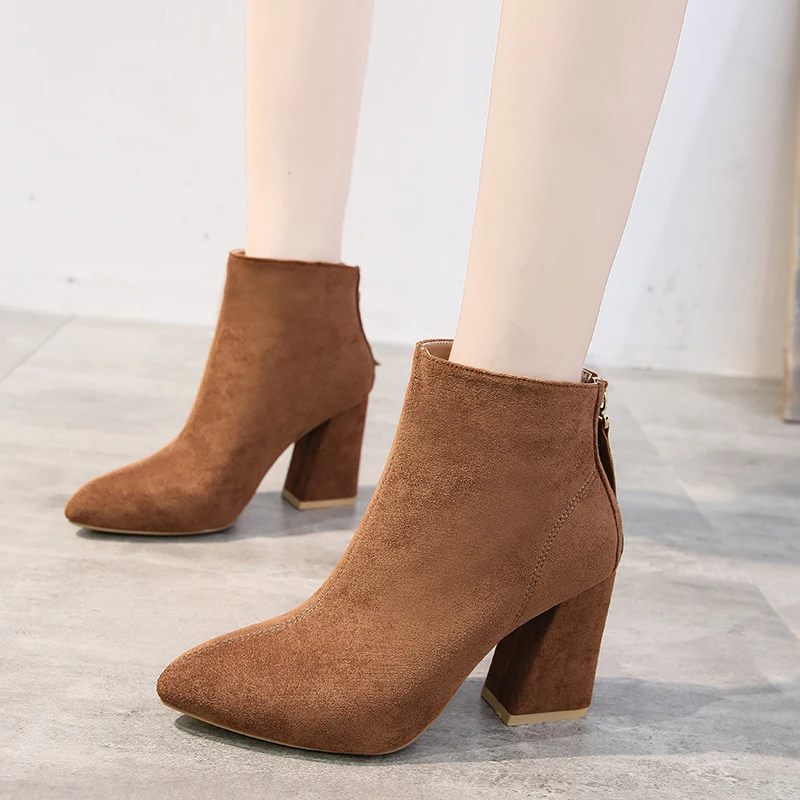 

high heel Women Suede Ankle Boots 2019 Ladies Square Heel Booties Winter Keep Warm Women Pointed Toe Short Boots 6 Colors